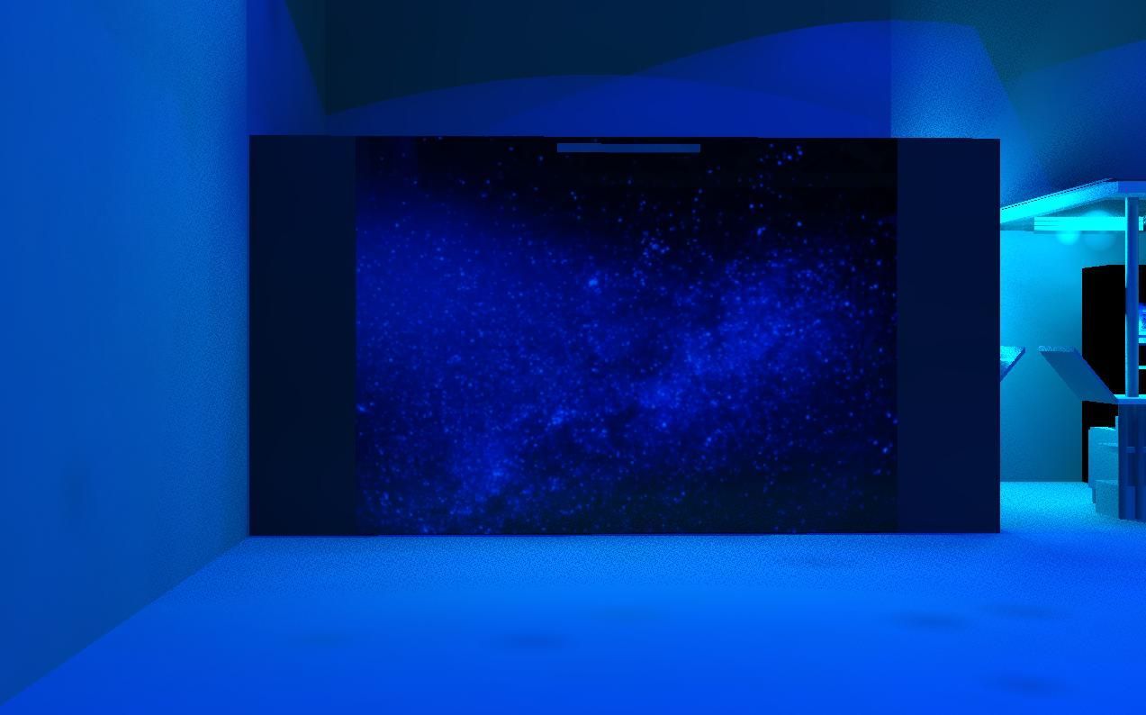 A room with a blue wall and a blue light on it.