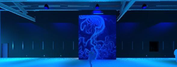 A person is standing in a dark room with blue lights.