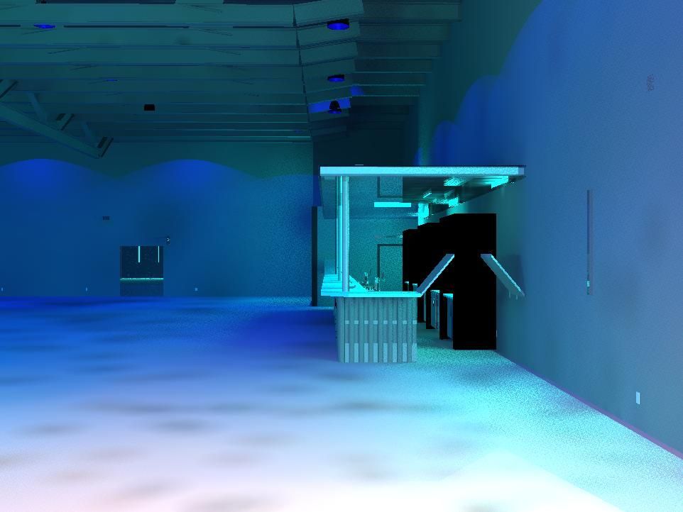 A 3d rendering of an empty room with blue lights.
