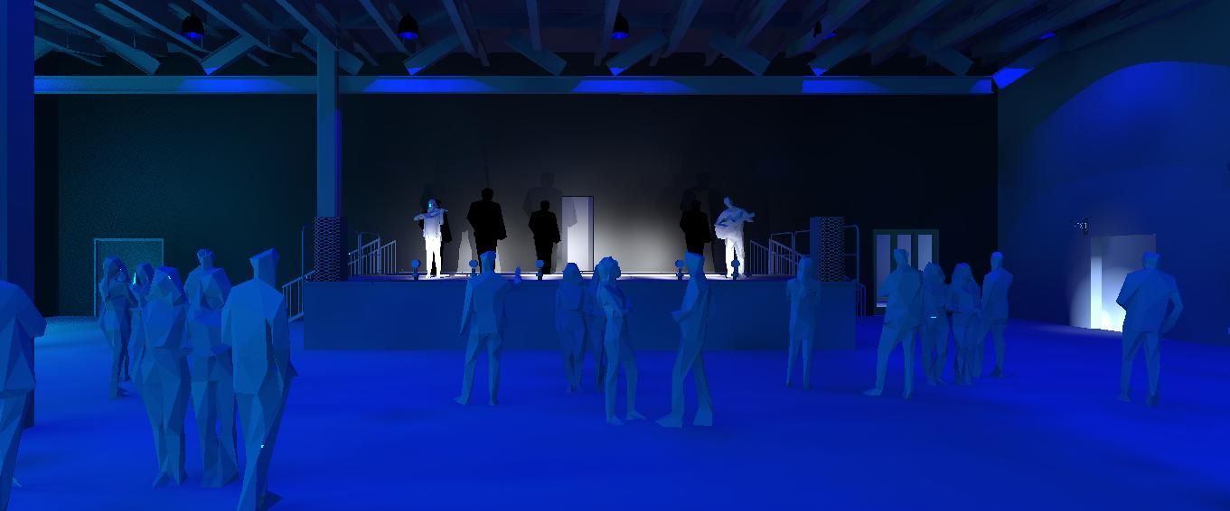 A group of people are standing in a room with blue lights.