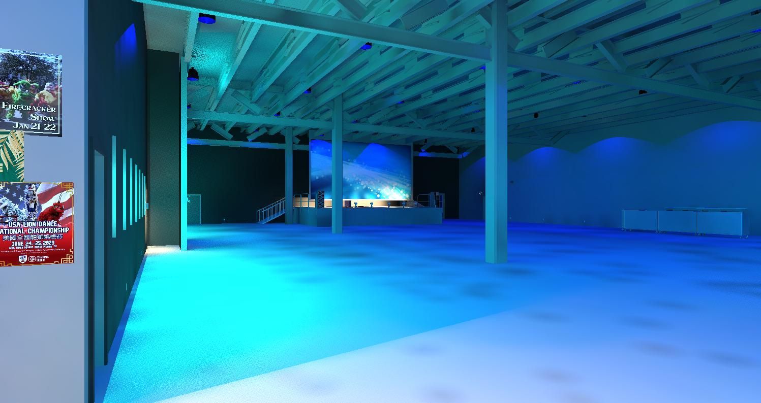 A large empty room with blue lights on the ceiling and floor.