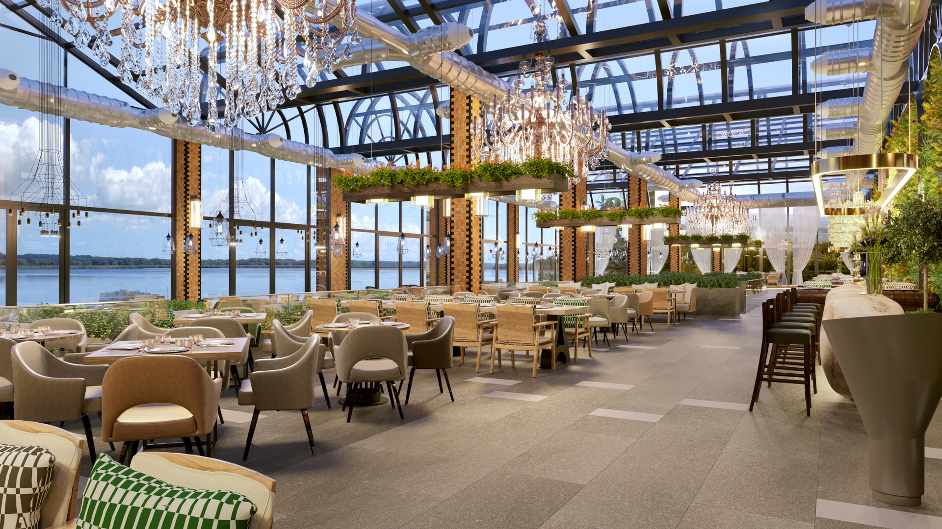 Elegant, light-filled restaurant overlooking water, with tables set for dining and hanging floral decor.