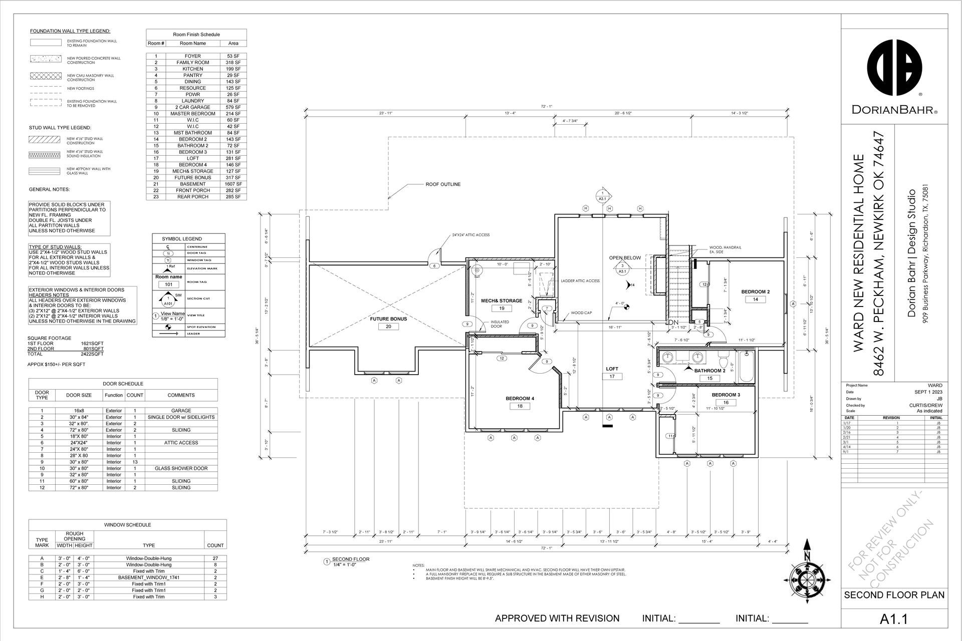 Architectural blueprint of a house floor plan, featuring rooms, dimensions, and symbols, including a compass rose.