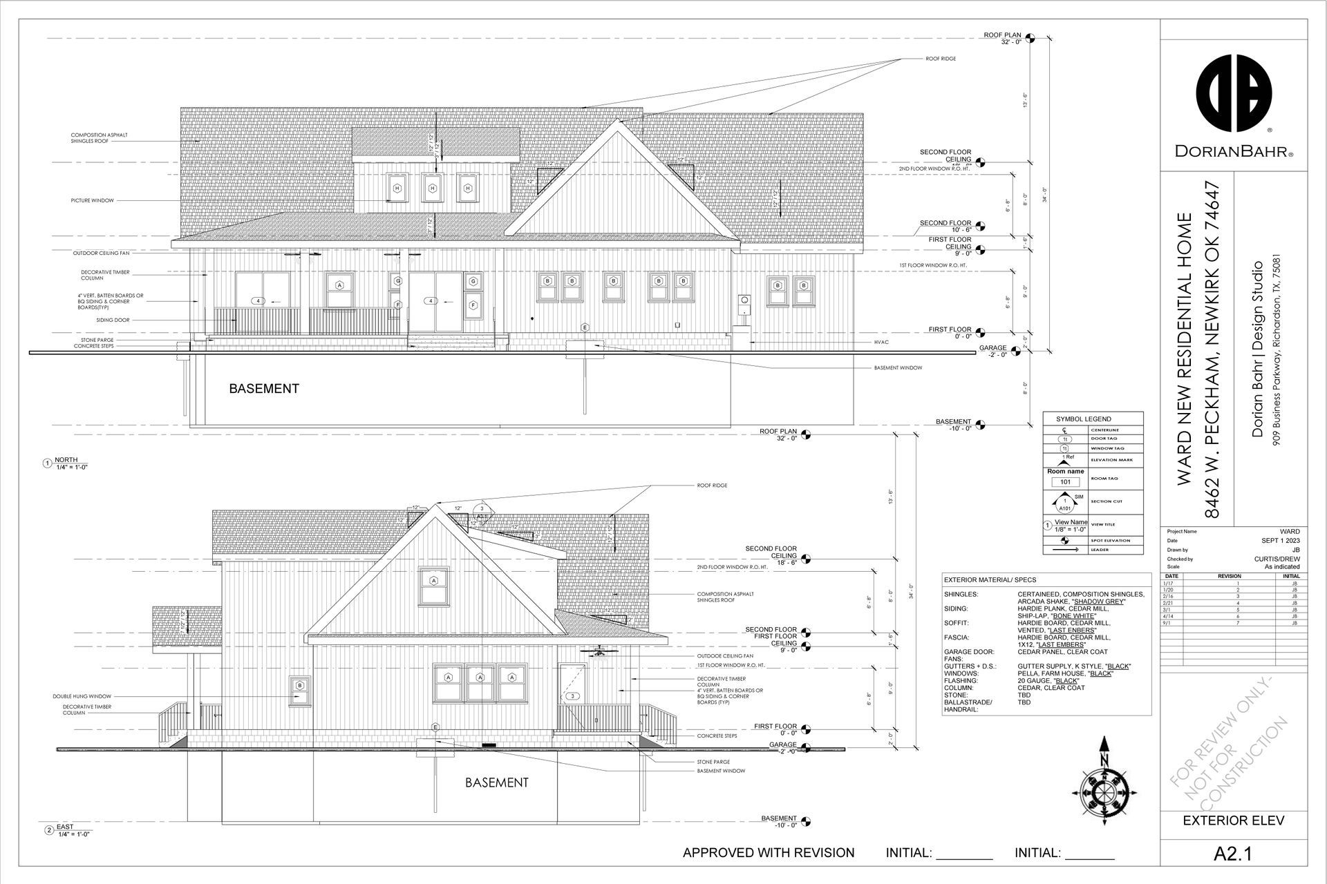 Architectural blueprints of a house, showing front and side elevations with roof, windows, and siding details.
