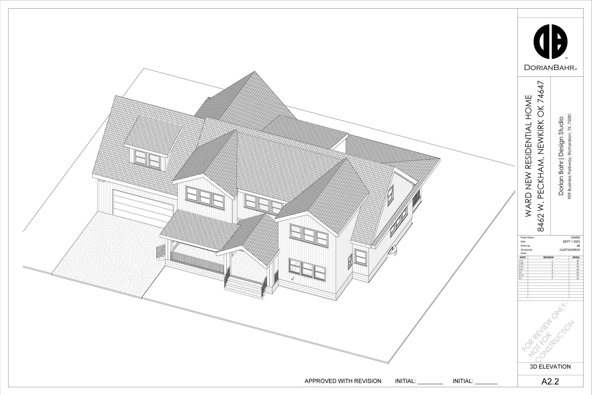 Architectural rendering of a two-story house with a garage and various rooflines.