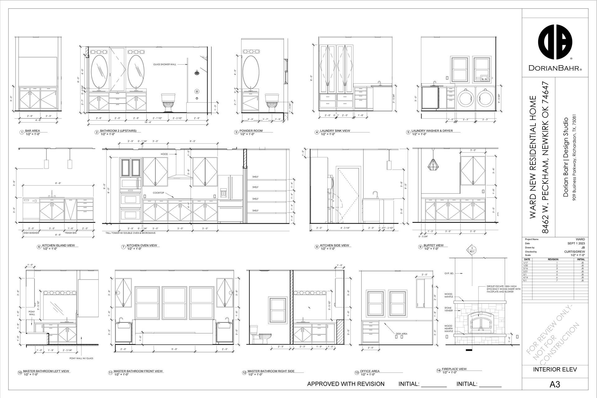 Architectural blueprints of a bathroom with various elevations and details for construction and design.