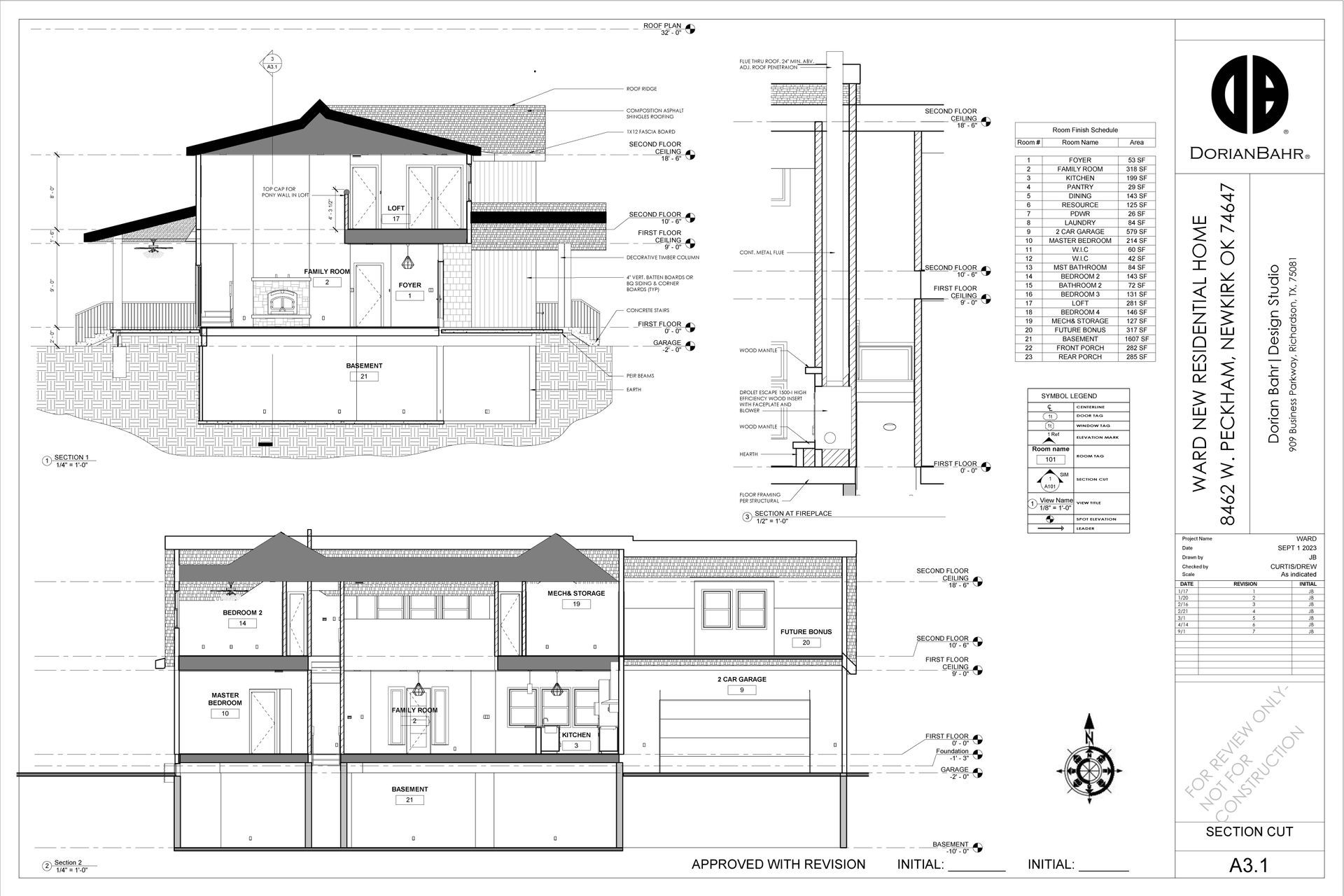 Architectural blueprints of a two-story house with cross-section views, details, and a north arrow.