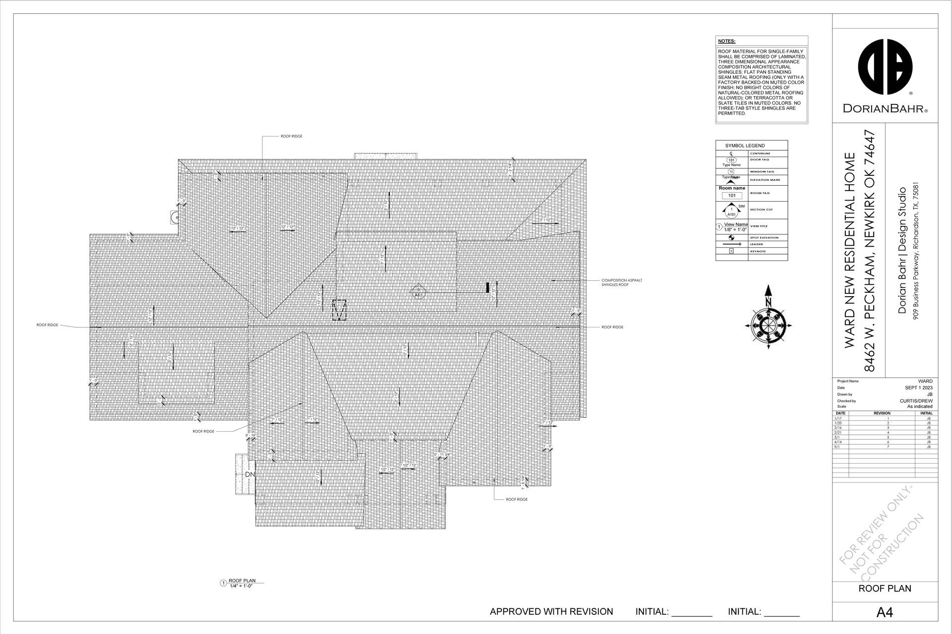 Top-down view of a building plan showing the roof layout, with labels and a directional compass.