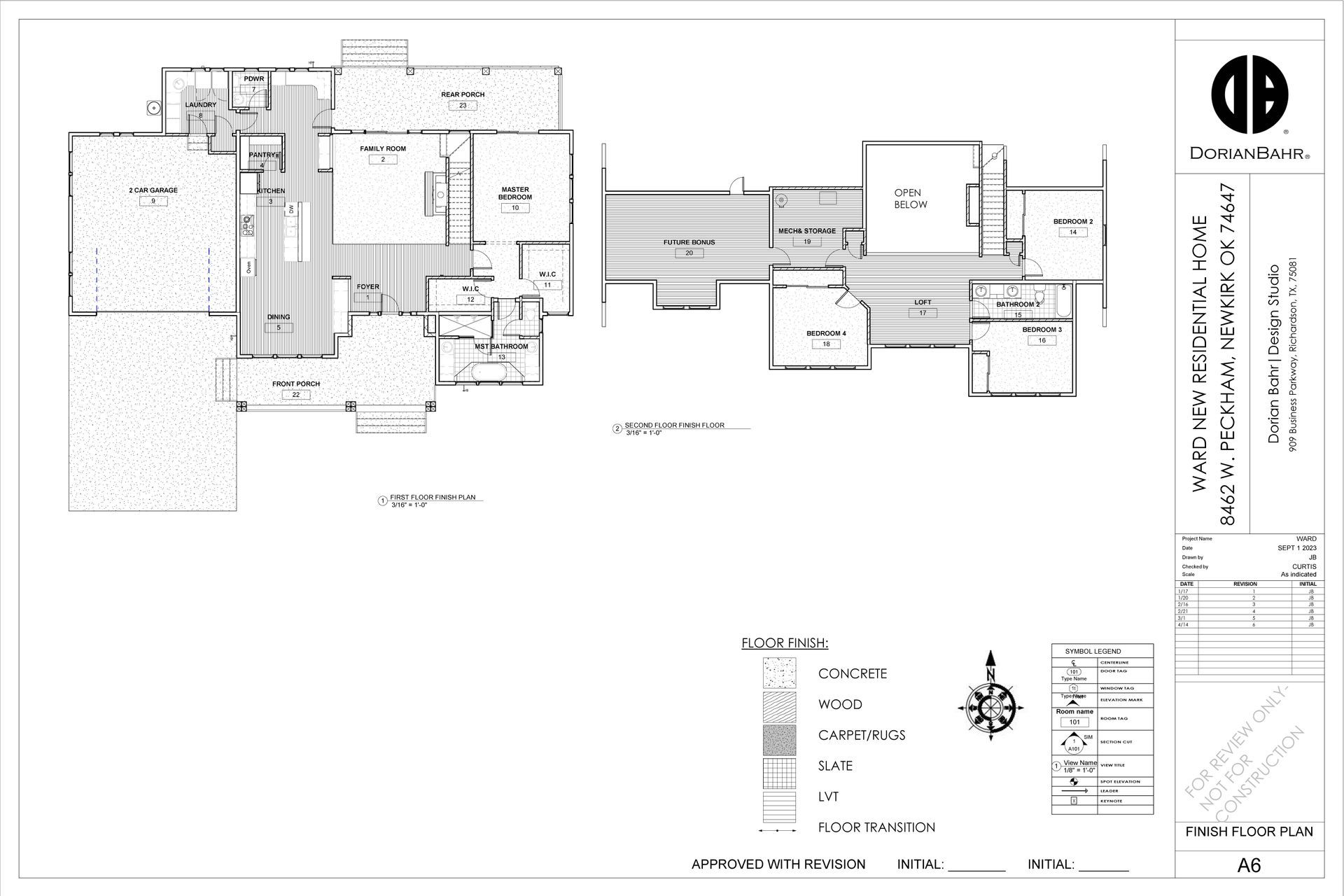 Architectural floor plan drawing of a house, showing rooms, patios, and other features in black and white.
