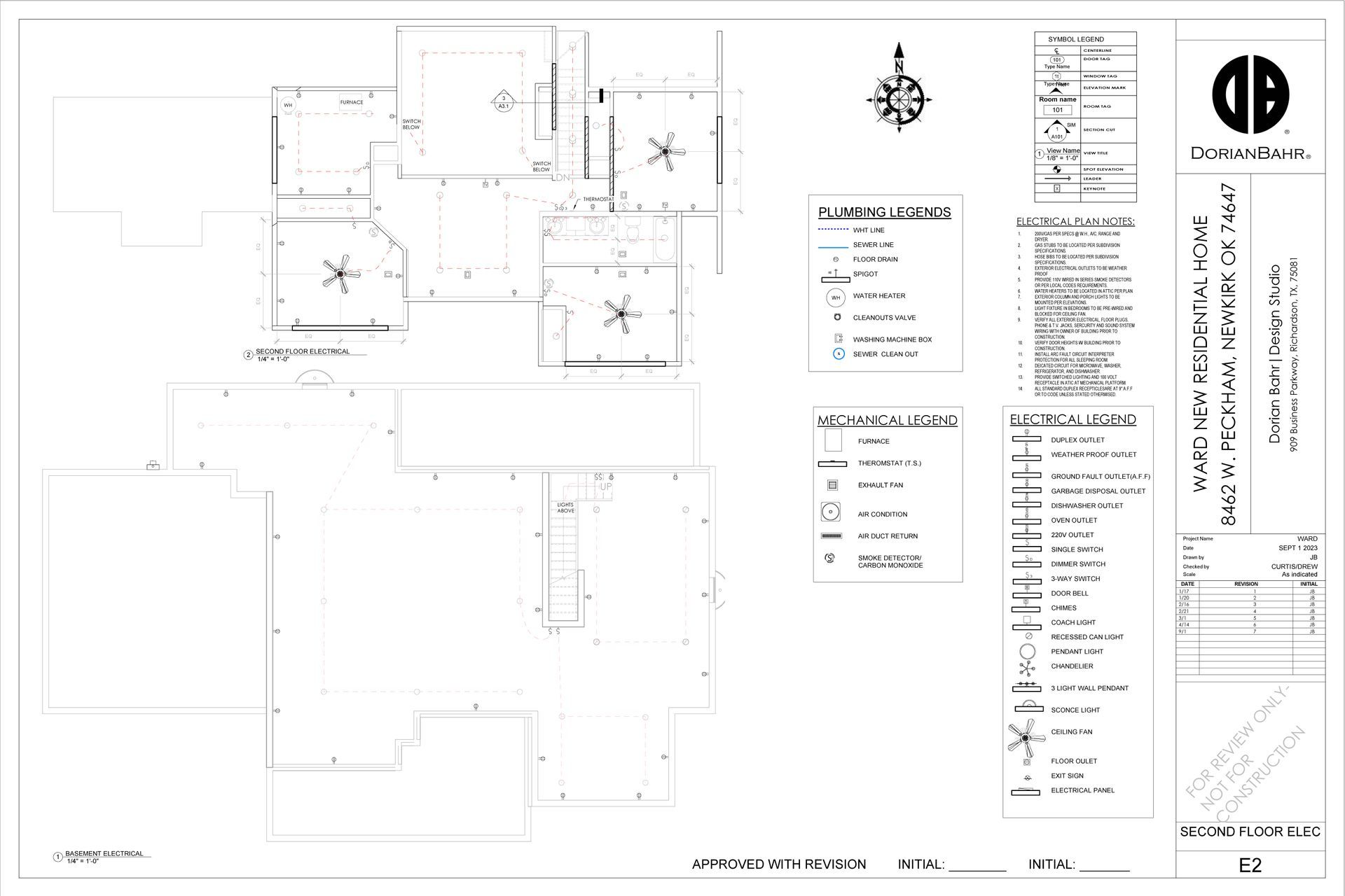 Architectural blueprint of a building layout, including symbols and annotations, with a compass rose and a legend.