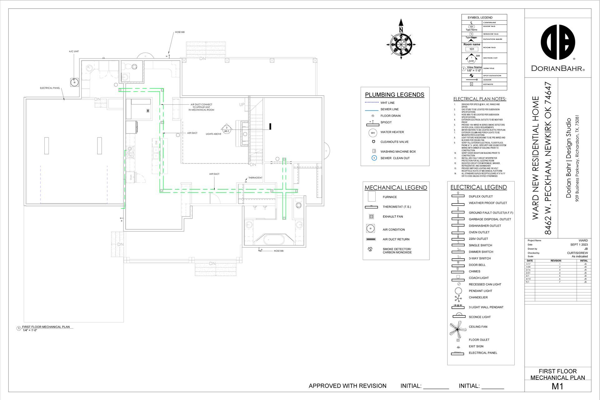 Architectural drawing showing a house floor plan with green plumbing lines and a legend on the right.