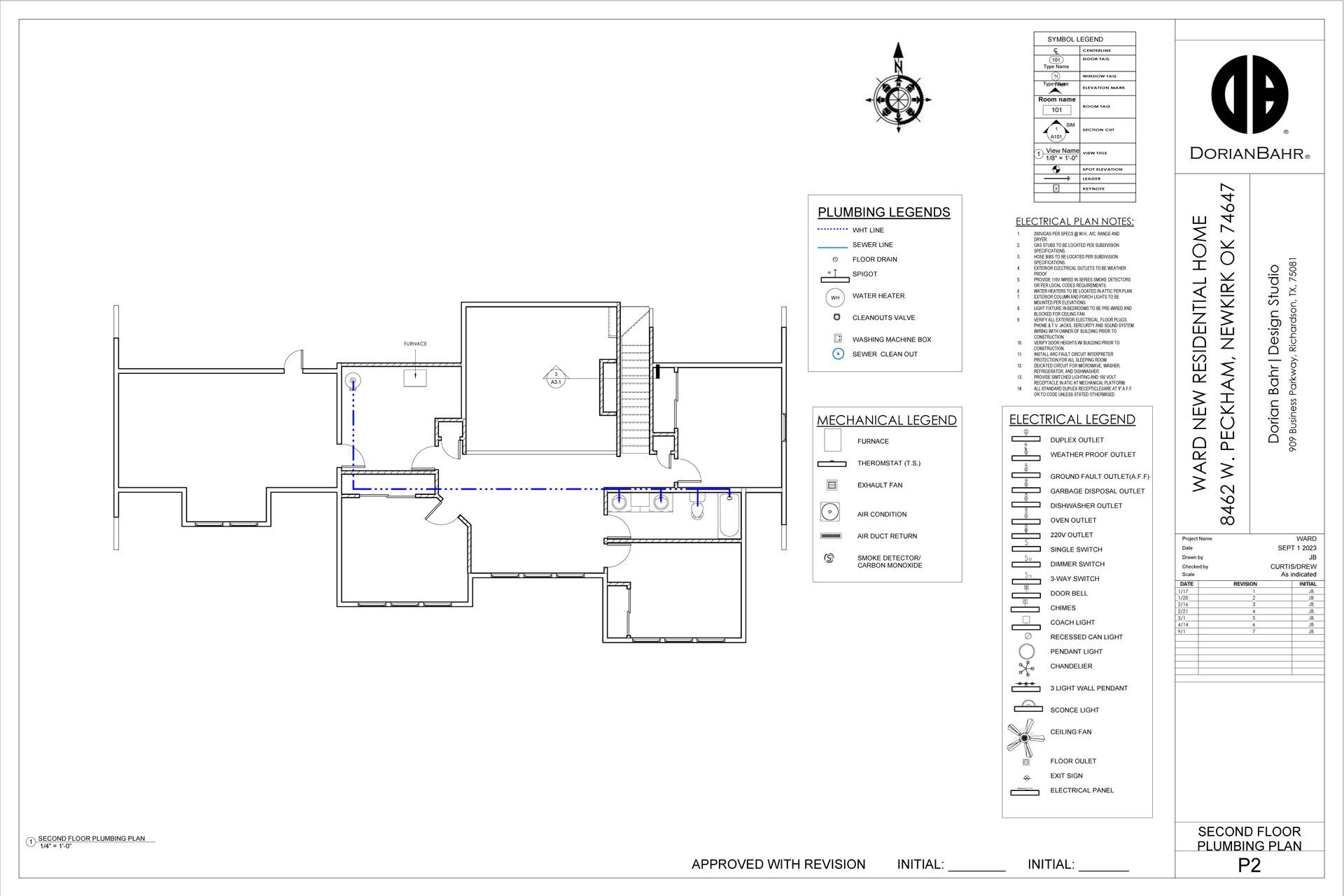 Architectural floor plan showing building layout with electrical and plumbing symbols and a legend.