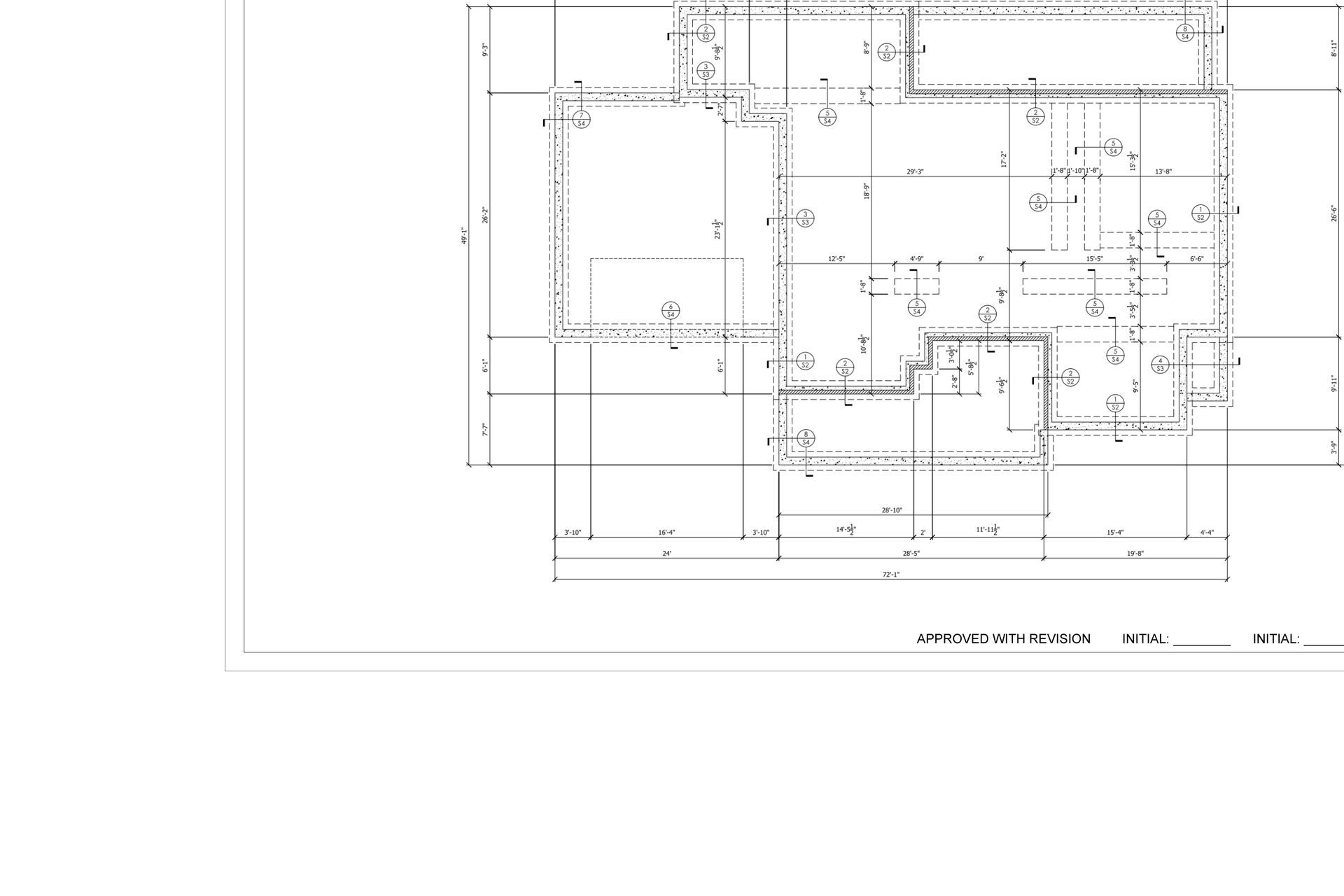 Architectural floor plan; black lines and symbols on a white background, detailing room layouts, walls, and dimensions.