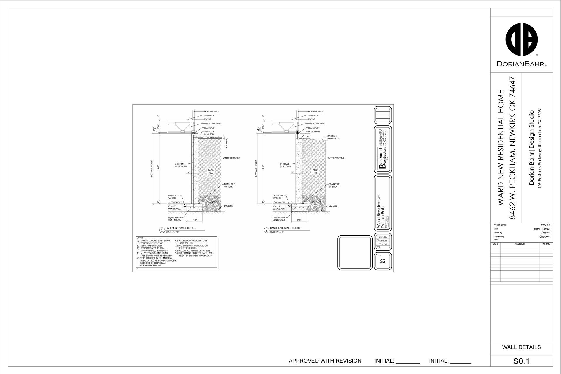 Architectural drawing of a section of a wall, showing details and measurements; black lines on white background.