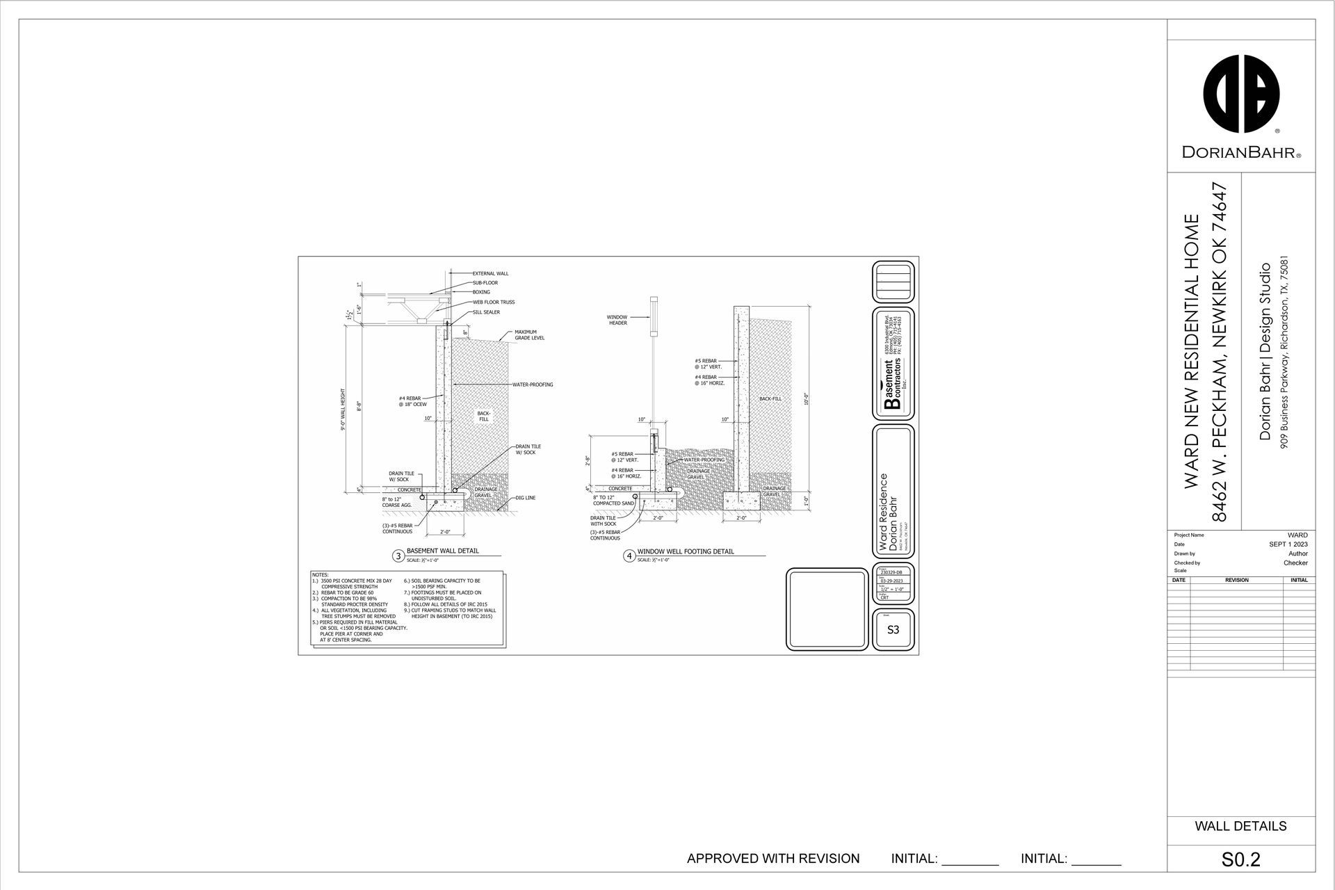 Architectural drawing of a foundation detail with labels and dimensions.