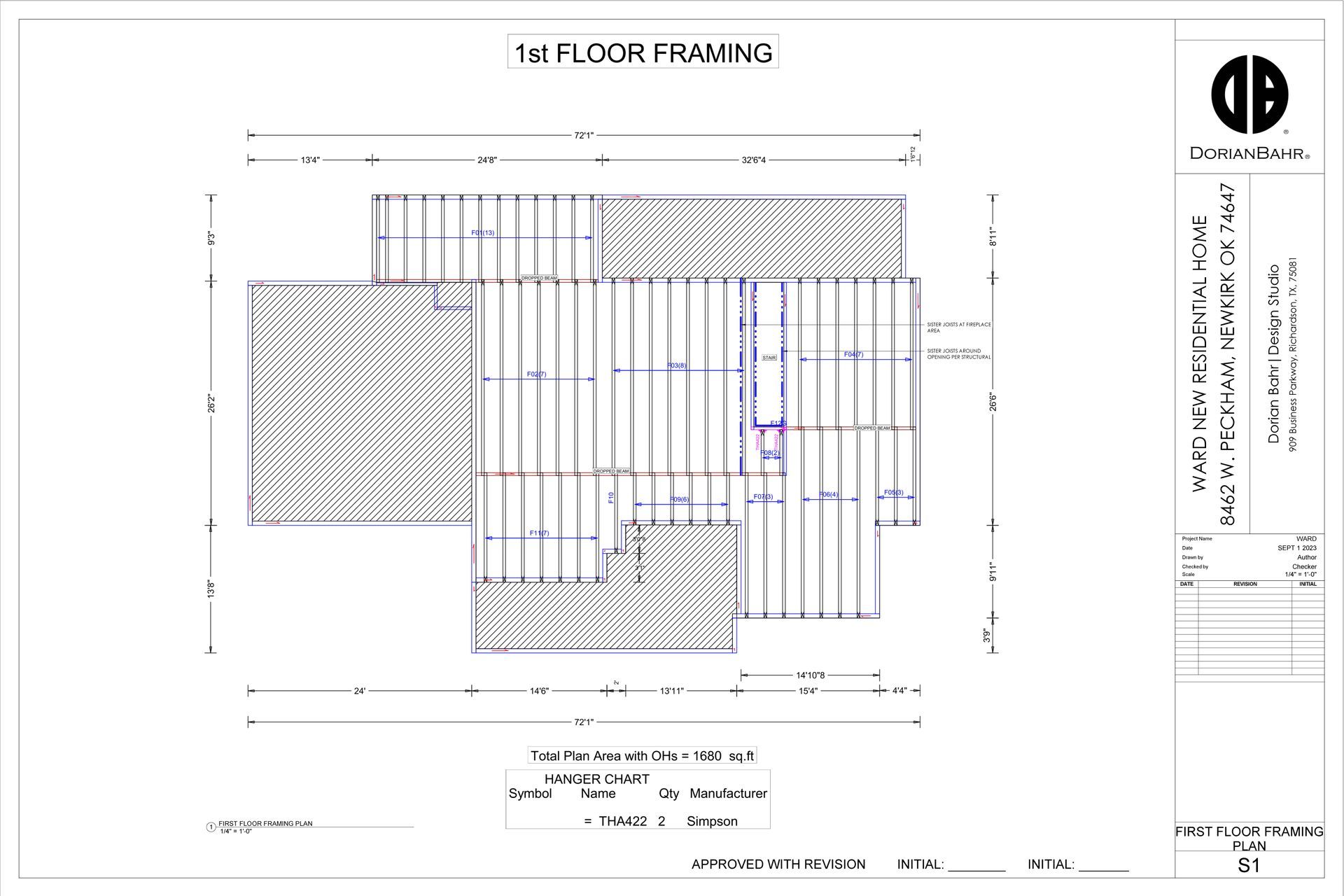 Floor plan layout of a building's 1st floor framing, showing dimensions and structural components.