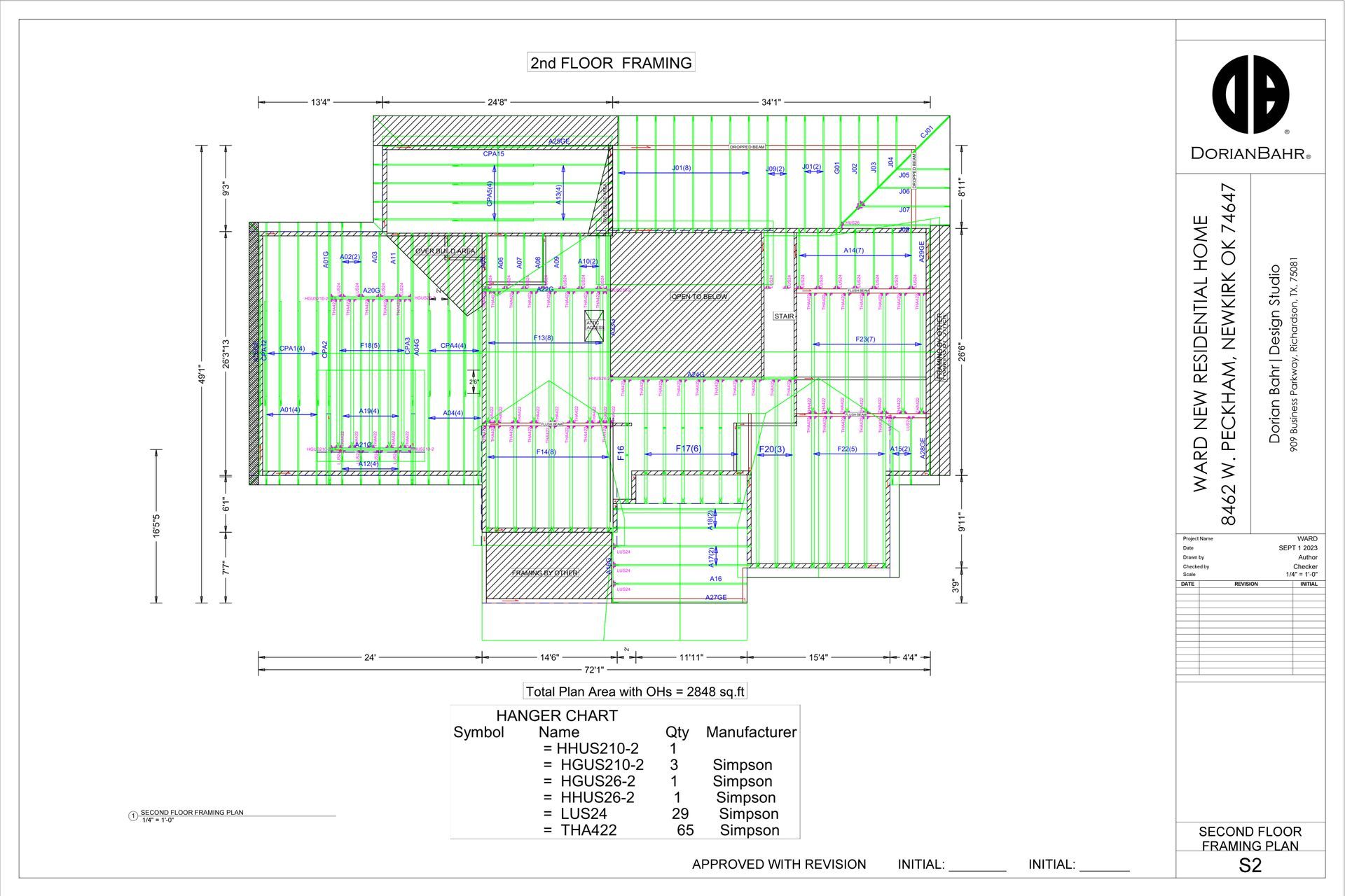 Architectural roof plan with dimensions and symbols.