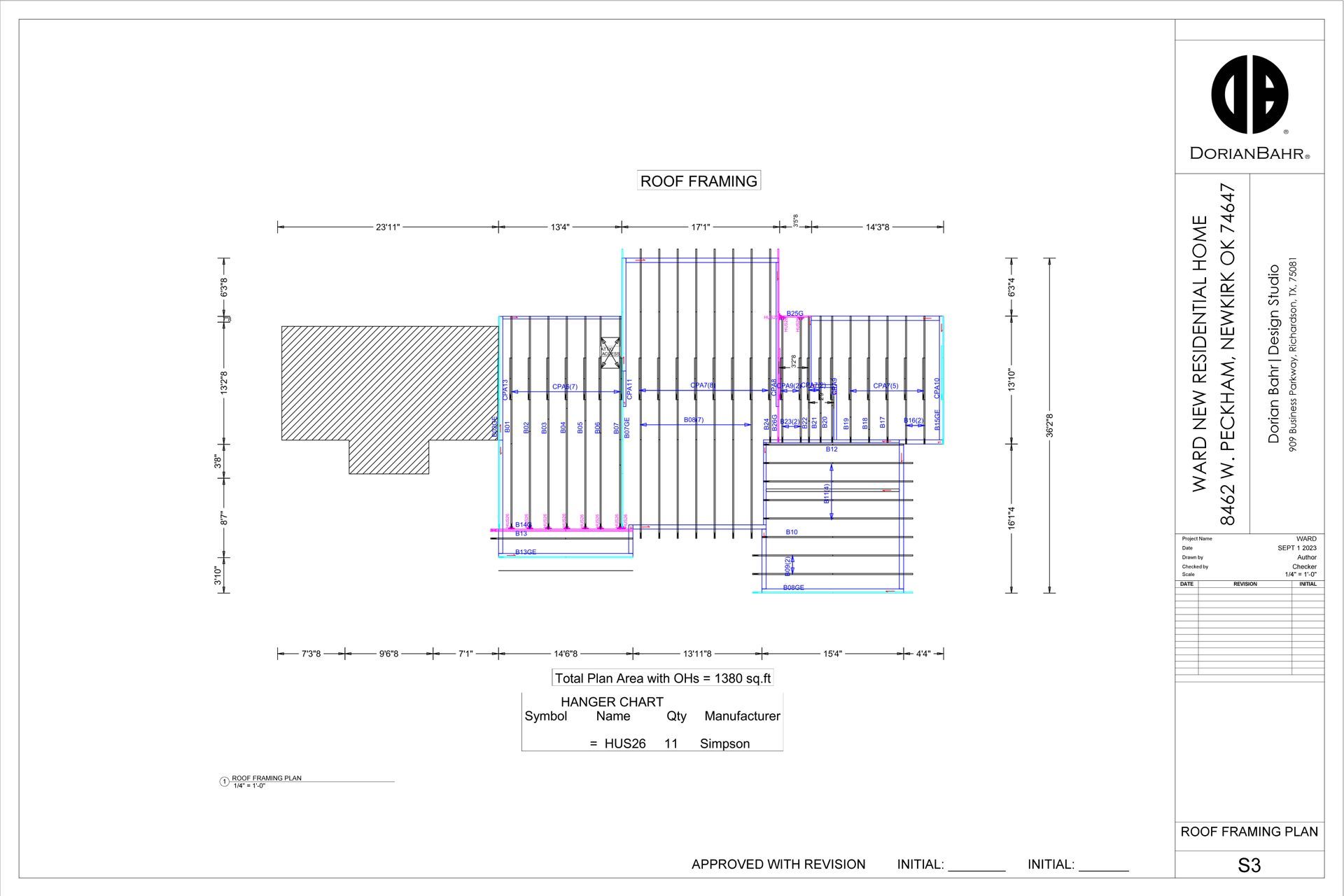 Architectural floor plan, black and gray lines, grid pattern of roof beams.