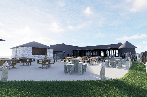 An artist 's impression of a restaurant with tables and chairs outside.