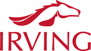 The logo for irving shows a horse with a long mane