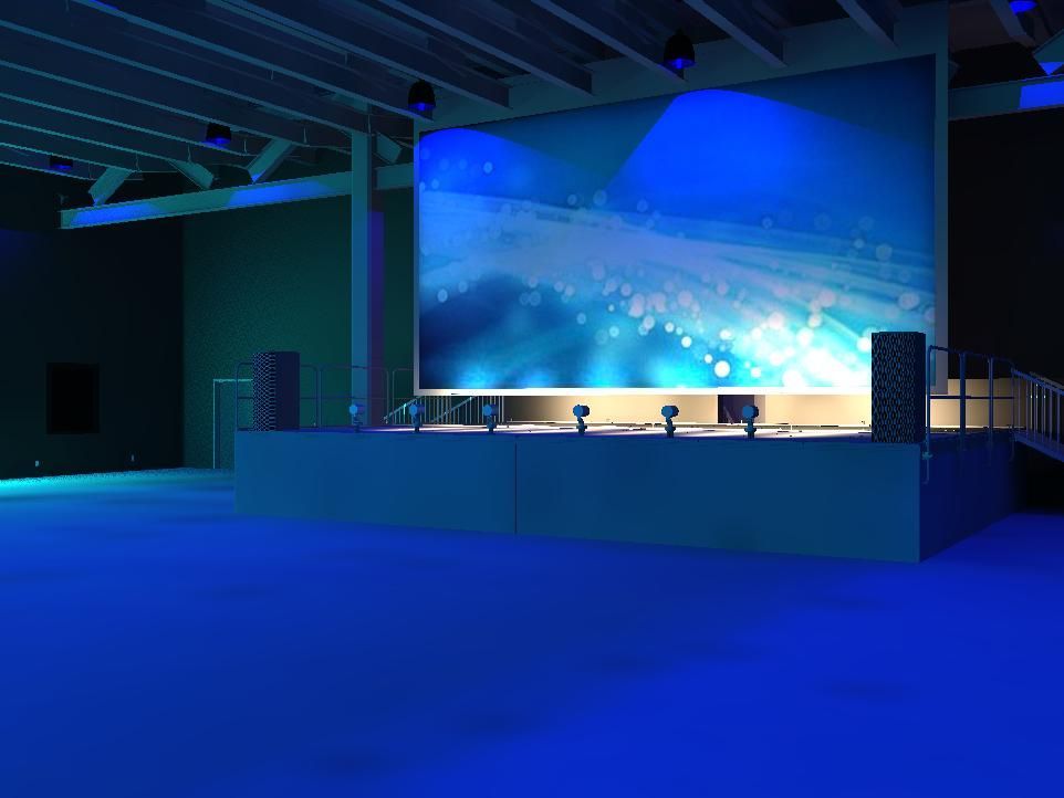An empty room with a large screen on the wall and blue lights.