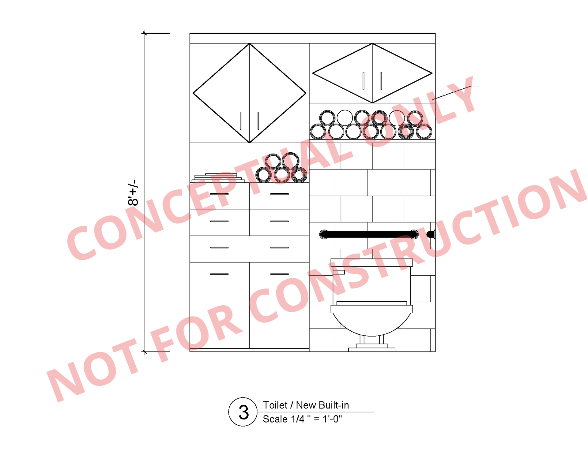 A black and white drawing of a bathroom with the words `` not for construction '' written on it.