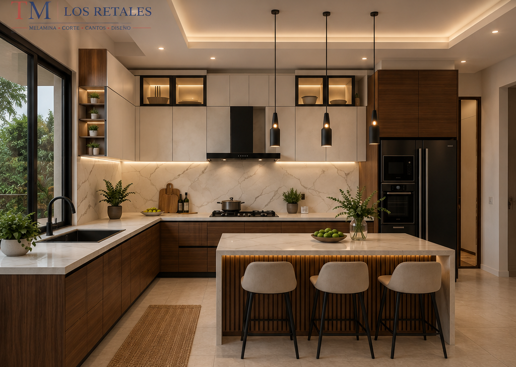 Cocina moderna con gabinetes de madera cálida, salpicadero de mármol, isla con asientos y electrodomésticos empotrados.