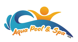 Aqua Pool & Spa logo with blue wave and orange sun-like figure