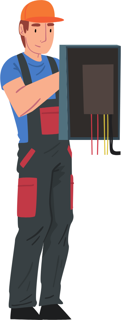 A man in overalls and a hard hat is holding a box.