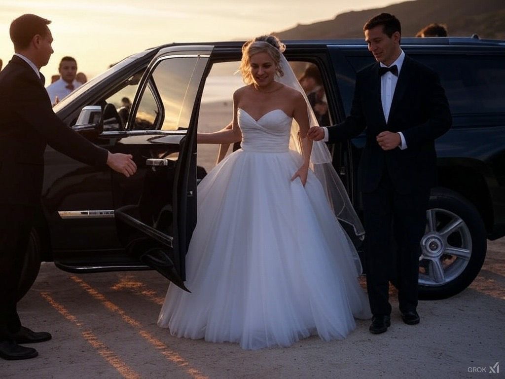 A bride and groom are getting out of a car.