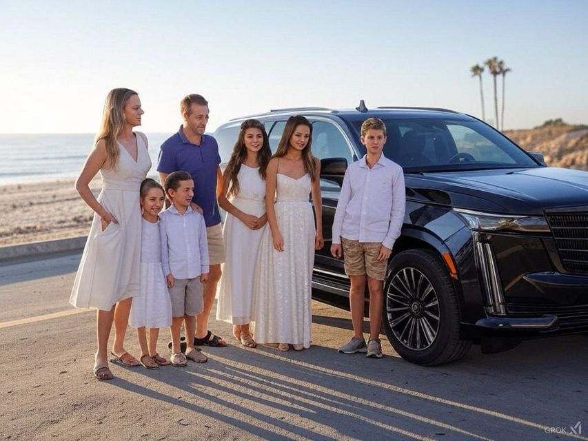 A family is posing for a picture in front of a car on the beach.