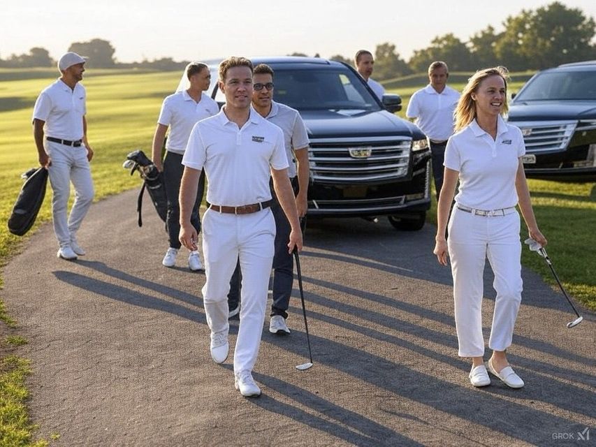A group of people are walking down a path on a golf course.