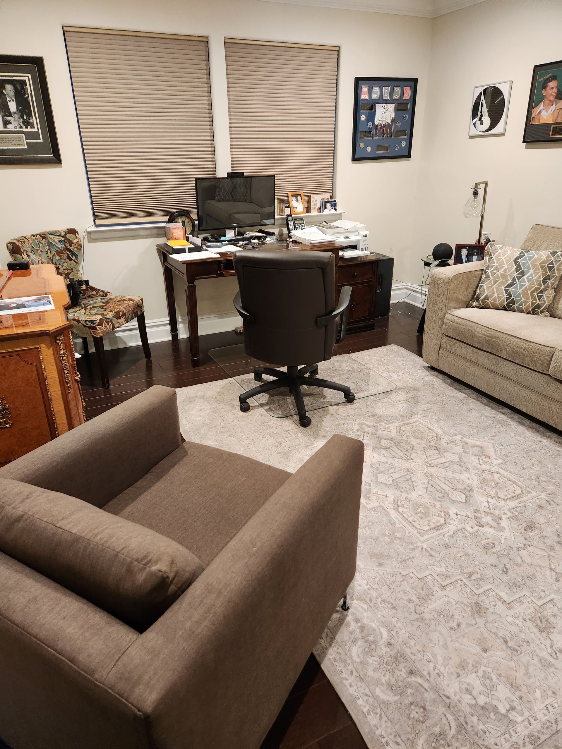 Office with a desk, chair, couch, and patterned rug. Windows with blinds, framed art on the walls.