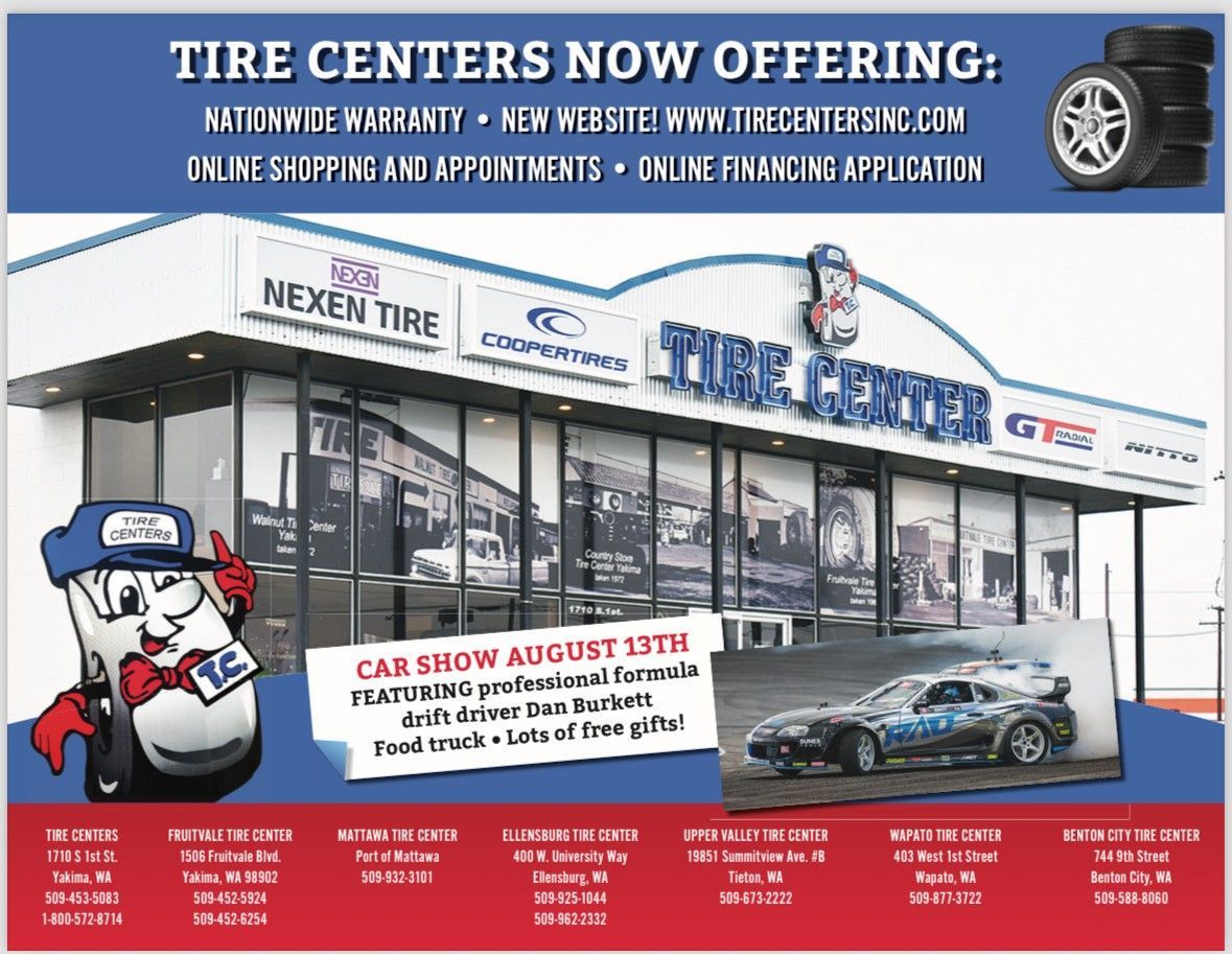 An advertisement for tire centers now offering a car show