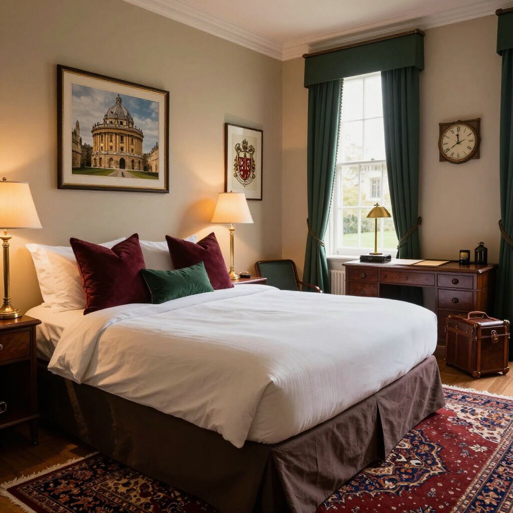 A cozy hotel bedroom with a queen bed, dark red and green pillows, a desk, a window with curtains, and a patterned rug.
