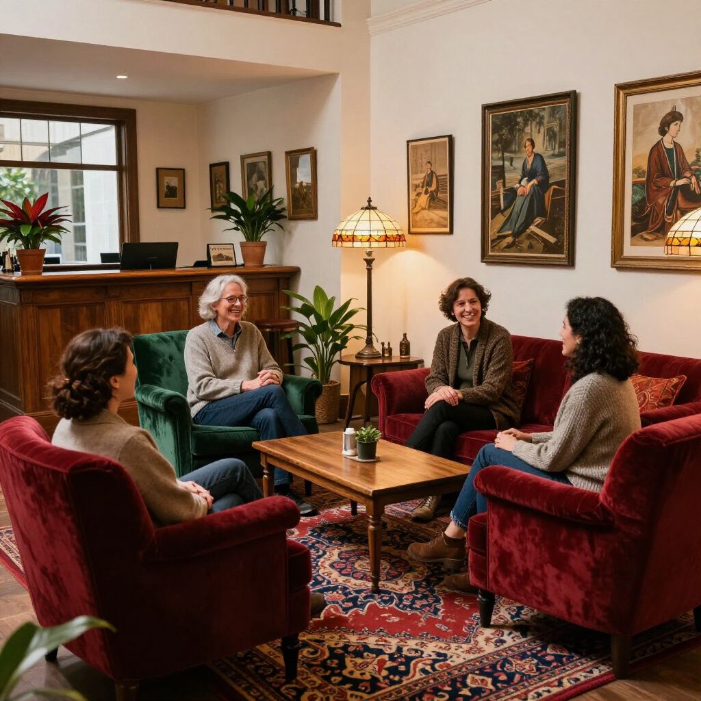 Four people sit in an inviting lounge with vintage decor, plush red and green chairs, and framed artwork on the walls.