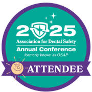 Badge for the 2025 Association for Dental Safety Annual Conference. Teal, purple, and white, with