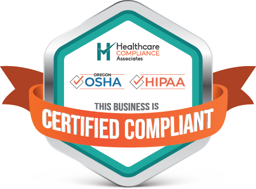 Badge for Healthcare Compliance Associates, certified compliant with OSHA and HIPAA.