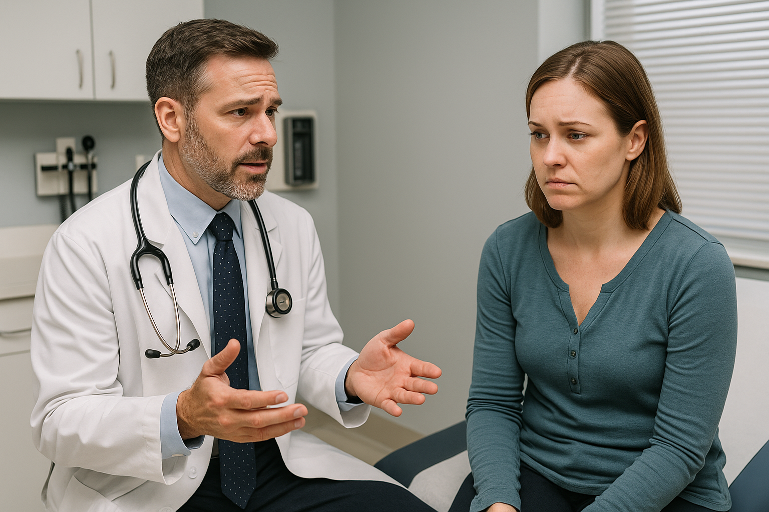 Doctor in lab coat talking to a woman in examination room; both look concerned.