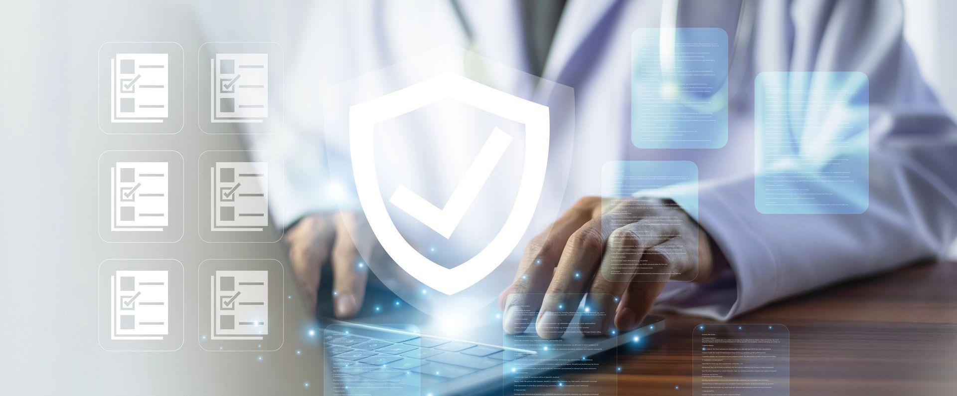 Doctor using a laptop with a glowing shield icon, representing data security. Document icons float in the background.