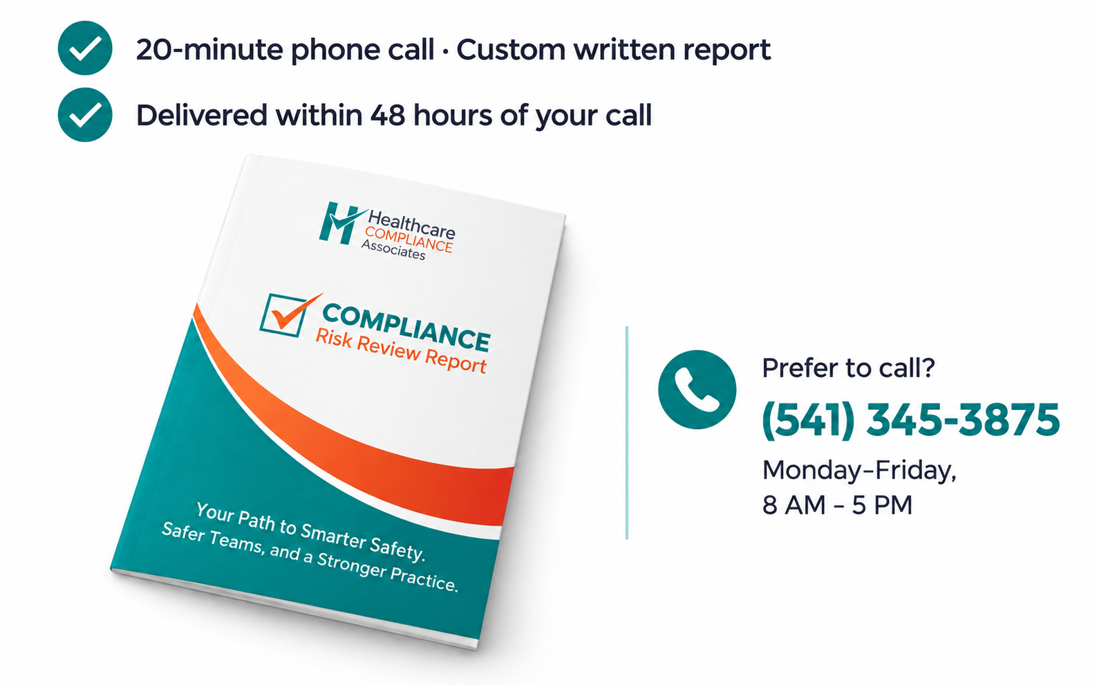 Brochure on compliance with teal and orange graphic elements.
