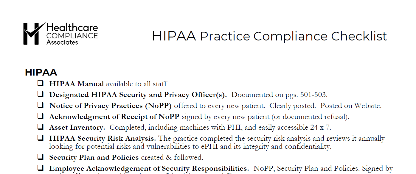 HIPAA Practice Compliance Checklist with checkboxes, title, and logo.