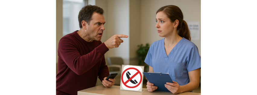 Man yells at a nurse while pointing, with a