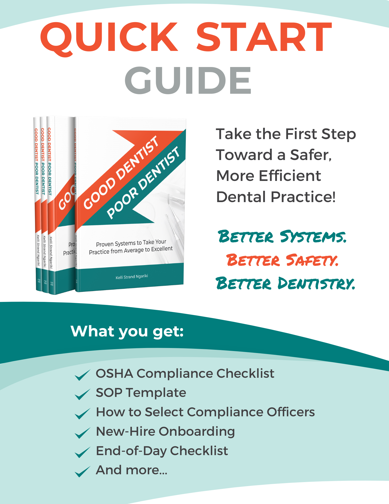 Quick start guide with a dental book cover. 