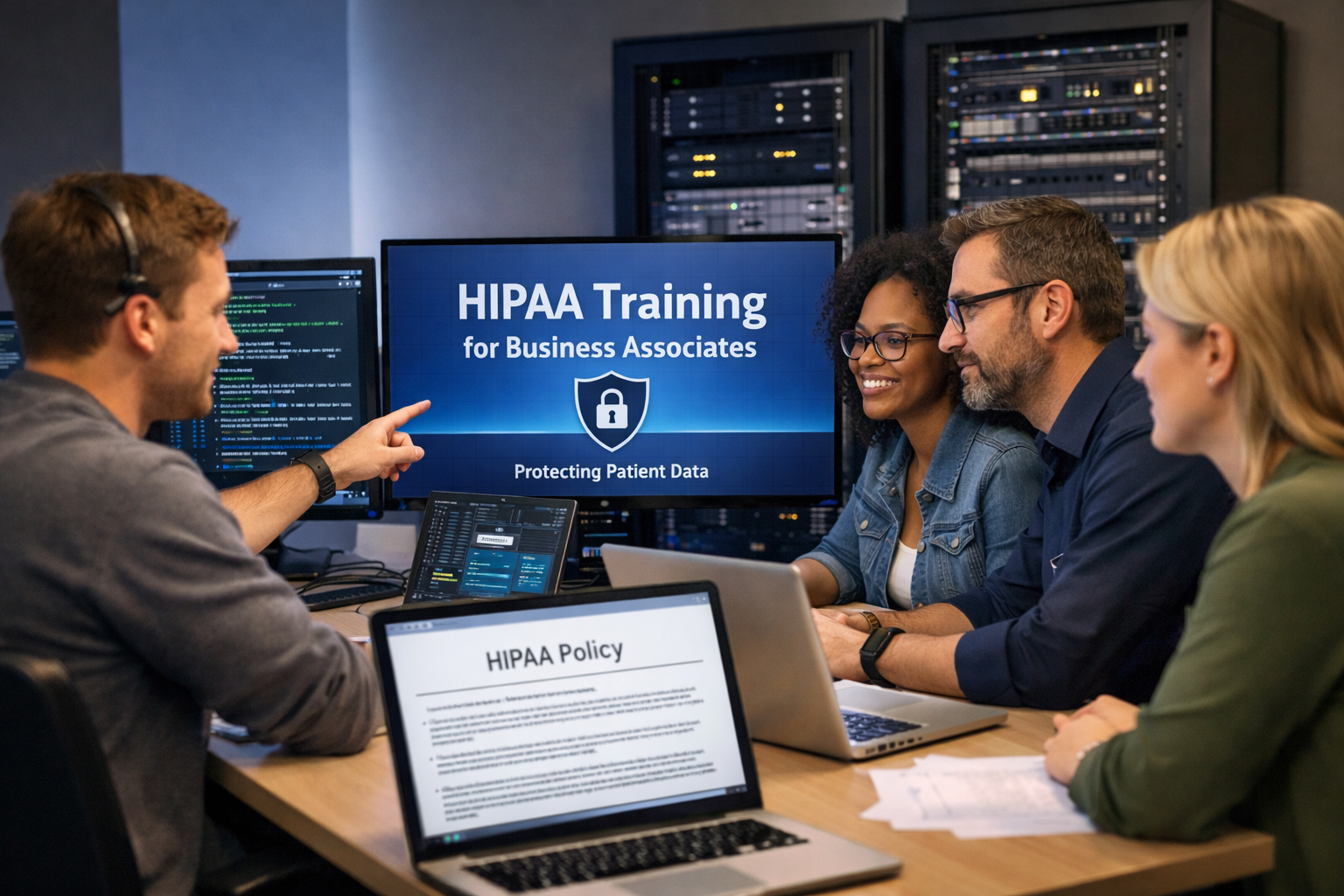People receiving HIPAA training; a man points to a screen displaying training information. Laptop open, server room in background.