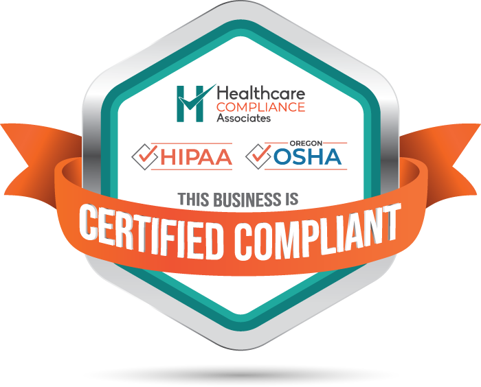 Teal and orange compliance badge reading “This business is certified compliant” with HIPAA and OSHA logos