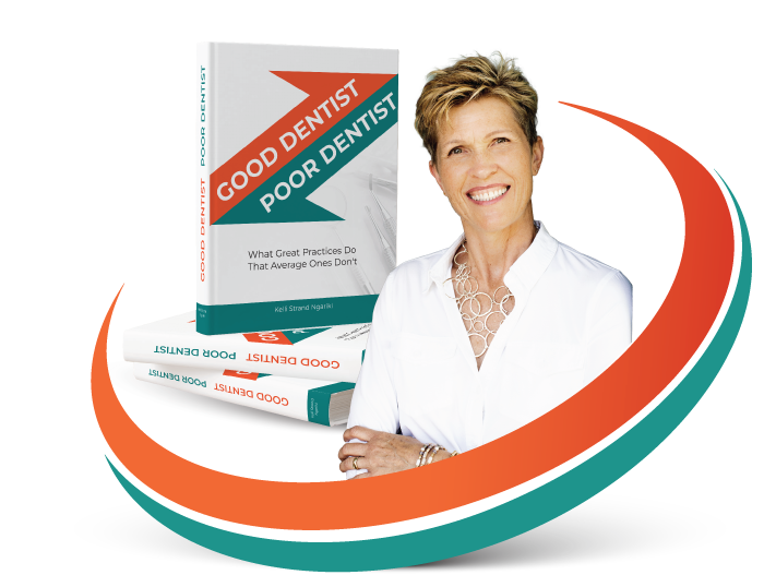 Dental product packaging beside a smiling person with a red, teal, and orange swoosh design