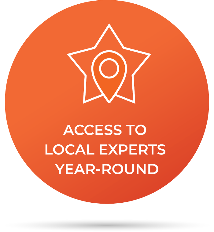 Orange circle badge with a white star and location pin icon, reading “ACCESS TO LOCAL EXPERTS YEAR-ROUND”