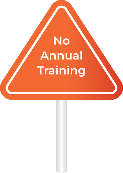 Orange triangular road sign reading “No Annual Training” on a white post.