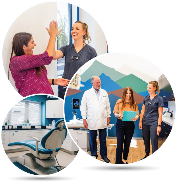 Three circular photos: Dentist's office. High-five between a woman and staff. Staff and dentist with chart. Dental chair.